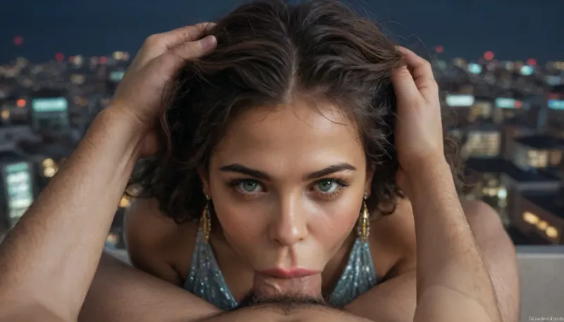 Photorealistic portrait of Pepa, latina model, mid-20s, afro hair styled elegantly, glowing tan skin. Wearing a satin evening dress with high slit, deep emerald green color, dramatic folds. Background, rooftop terrace overlooking the sea at night, bokeh city lights in distance. DSLR photo, (1girl), (1guy), (deepthroat:2), (well-detailed), (detailed cock), slight make-up, man's POV, he grabs her hair, (hair pulling:1.3), <lora:detailed_notrigger:.8>, <lora:chest_adjust:.8>