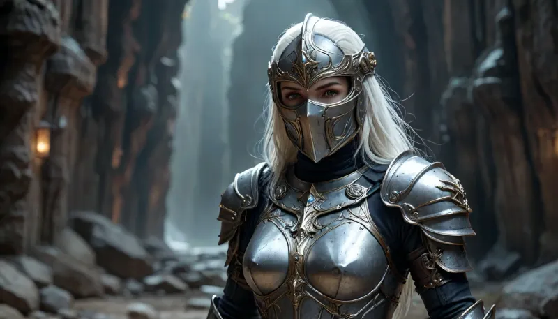 Uber realistic, 8k, ultra detailed, masterpiece, mature female fantasy paladin warrior, (holy shining silver armor), holding polearm in right hand, underground cave, (full_helmet:1.3), closed_helmet, visor, (face covered:1.5), night, realistic detailed eyes, realistic detailed armor, realistic detailed body, realistic detailed skin, hkstyle, detailxl, <lora:add-detail-xl:1.5>, <lora:style_lora_realis:1>, <lora:hkstyleV5:1>
