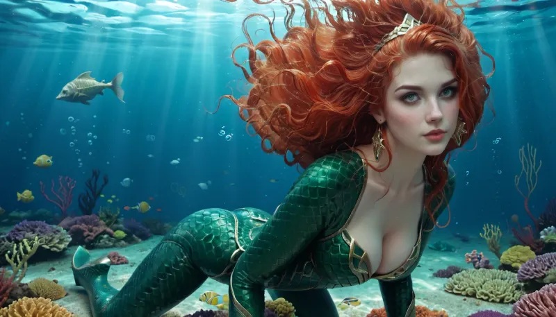 Mera from Aquaman, redhead, green latex catsuit with scales and gold trim, wide cleavage, ((swimming underwater)), underwater landscape MeraAmber, <lora:MeraAmber:.8>