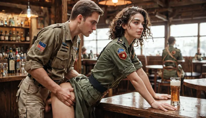 A young couple having sex in a bar from behind. He is a soldier in uniform. Normal penis. She wears summer casual clothes. She is blond.