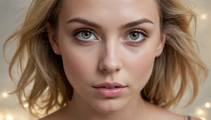 18 Year old woman, (portrait, portrait with emphasis on her eyes, close up of eyes, zoomed in on face), (Scandinavian and Irish features), (photorealistic, photo realistic, photorealism, photo realism:1.5), (professional photography), (4k, 8k, 8k resolution, best quality, ultra quality, highest quality, maximum quality, uncompressed, raw source photograph:1.2), (smokey room full of haze with floating sparks, heat shimmer, hazy smoke golden glow:1.3), (same color eyes, symmetric eyes, matching eyes, detailed eyes, detailed iris, detailed pupils, limbal ring around iris, perfectly round iris:1.1), (detailed skin, high detailed skin, intricately detailed skin, perfectly detailed skin, high quality skin, highest quality skin, exquisitely textured skin), (intricate clothing, detailed clothing), (microblade eyebrows, perfectly manicured eyebrows), (flushed cheeks, flushed neck, blushing cheeks, blushing neck), (her wide strong jaw highlights her powerful jawline, high cheekbones, sharp cheekbones, faint vellus hairs), (upturned button nose, delicate nose), (long messy windblown hair hangs loose hair framing her face, glowing blonde hair with dark roots:1.1), (eyes slightly crossed, big eyes, wide eyes, doe eyes, slightly wide set eyes), (striking eyes, captivating eyes, mesmerizing eyes, Fae eyes), (tanned skin that accentuates her pale skin revealed by tan lines), (large natural soft breasts, high breasts), (athletic body, sporty body, lean body, fit body), <lora:20231122-1700582714007-0001:.5>
