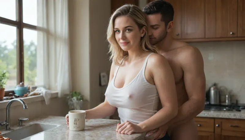"Casual attractive MILF in her early 30s, fucking Black man at home in a cozy sunlit kitchen.She has large but natural-looking enhanced breasts, round and high but not over-the-top, pressing against a see through white tank top with no bra. Shoulder-length blonde hair, light natural makeup, soft suburban hot wife aura. She's barefoot, holding a coffee mug, with a relaxed, approachable smile. Warm daylight through the window highlights her curves and creates a candid, intimate vibe.", braless, covered, nipples
