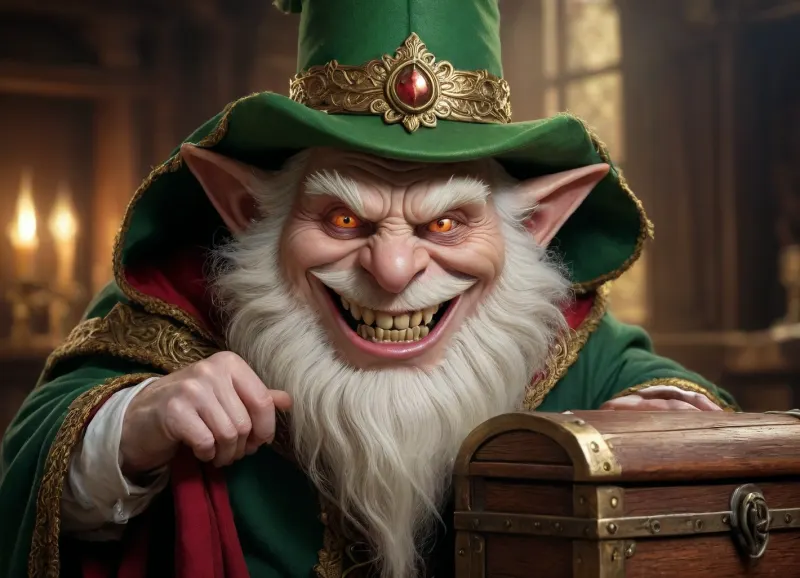 A mischievous, grotesque leprechaun-like creature with pale skin, prominent ears, a long white beard, and glowing red eyes, dressed in a vibrant green hat and cloak, grinning maniacally with sharp teeth, leaning over a heavily embellished, golden-detailed wooden chest. Fantasy art, Digital painting. Dramatic lighting, strong highlight on the creature and the chest, golden hour light. Close-up shot, eye-level angle, focusing on the creature's sinister expression and the intricate details of the chest. Intricate details, high contrast, vibrant colors, unsettling, atmospheric, magical, fantasy scene.