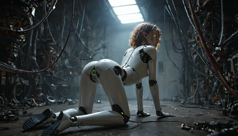 (((robot, android))), young slim butiful electronic robot girl, naked, ((electronic body parts, plactic skin, wires in body, gears body parts)), stands on all fours, back view, low angle