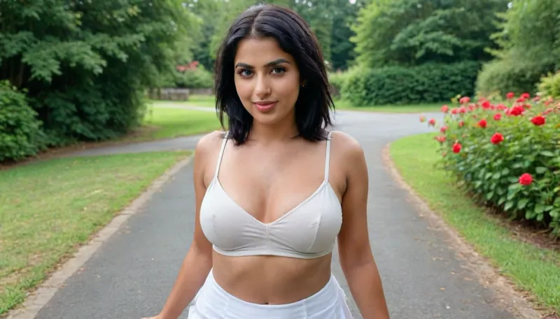 Photorealistic full-body portrait of a 25-year-old Sri Lankan woman with very dark skin, tall and extremely slim at 6 feet, walking confidently down a sunlit street. She has a big saggy boobs, delicate frame, and long flowing white skirt, with red roses, moves as she walks. Her very short pixie, purple, blue, black colored hair glows in the sunlight as she runs her left hand through it, head turned slightly aside, eyes looking away from the camera. She is topless, her bare chest fully visible with large dark nipples adorned with piercings. She wears a playful, teasing smile as she walks toward the viewer. Warm golden sun rays filter from behind her, creating a glowing halo and dramatic backlight. Emphasis on realism, natural body proportions, confident posture, sunlight atmosphere, and sensual exhibitionist mood. slgirl01, awurudukumariya, osariya, own, hands, together, pink-emo, sagging, breasts, <lora:Awurudu_KumariyaXLv1:.8>, <lora:pink-emo-sx:.8>, <lora:sagging-000015:2>
