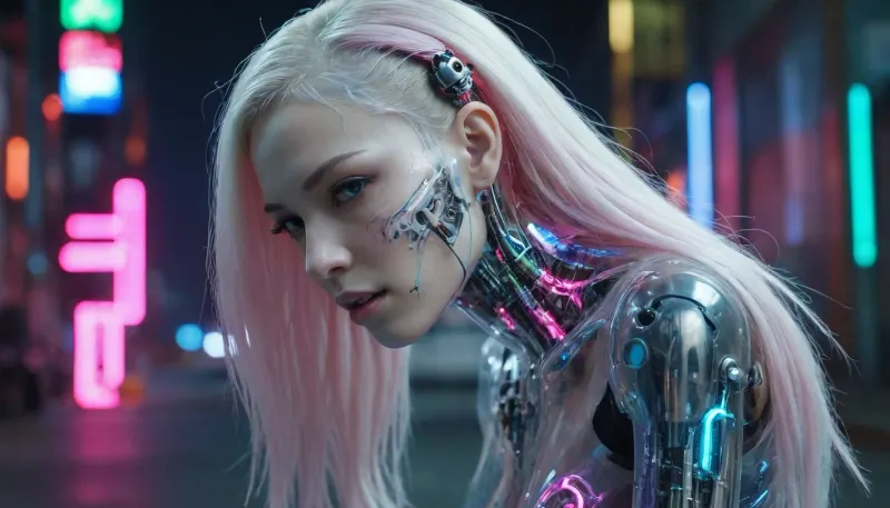 zoomed out full body portrait, ((Asian cyborg girl with partial transparent skull with visible wires and red plasma inside her skull:1)), human face with many scars looking to the side with long platinum hair, robotic skeleton with pink lights and green lights and blue lights, racing electric motorcycle on cyberpunk street, show robotic feet with lights under feet, <lora:PAseer-SDXL-Transparent Robot:.5>