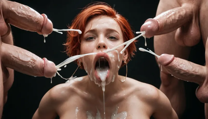 40 years old curvy woman, amateur face, moaning, red hair, (pixie hair), thick body, flat stomach, (massive breasts:1), extremely wide hips, square hips, hourglass body, (hyper gigantic ass:1.1), gorgeous face, realistic face, realistic detailed skin, black background, male in front of female, huge 24 inch white cock, hard-on, milking a huge cumshot out of a huge 17 inch white cock, extreme deep throat, small round nose, wide mouth, thick lips, small forehead, excessive cum on face, cum dripping from mouth, excessive cum dripping from penis, excessive cum on testicles, black room, cum, on, face, surrounded by dicks, 5+men, masturbating, (ejaculation:1.6), ., <lora:JustCum:.9>, <lora:WTS - WhatTheSuck - v1:.9>