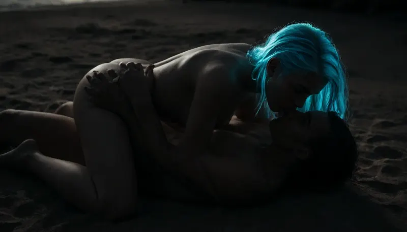 Young couple having, (oral sex), on beach, (strong man:1.5), (young girl:1.5), (lean girl:1.7), (shaved pussy:1.4), (((cunnilingus, sixtynine, blowjob, 69 position))), full body view with focus on girls head, natural sex position, natural light, super detailed, very detailed, masterpiece, happy and funny, girls blue bright glowing neon hair, hrglw, girls hair, (glow neon, <lora:glowing_hair-000006:1.5>, <lora:dark:1.2>)