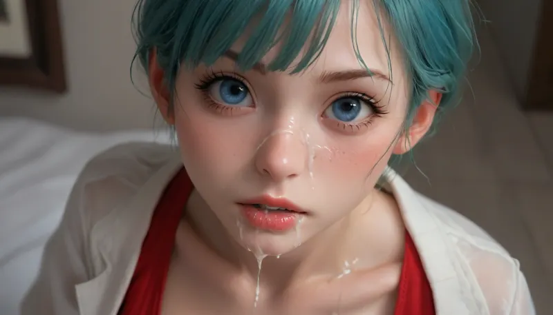 masterpiece, best quality, high resolution, hires, score_9, score_8_up, score_7_up, score_6_up, (Bulma:1.4), solo photo, (Bulma on her knees:1.3), detailed face, small size eyes, Bulma from dragon ball super in her lab, Bulma in in a white lab coat over a skimpy bright red dress, big round breasts, breasts exposed, Big gumdrop nipples, mouth open expression, face close up, photograph, cum on breasts, cum on face, cum dripping out of mouth, close up, ratatatat74, incase style fantasy, woman, cum, on, face, <lora:287175_training_data:2>, <lora:ratatatat74-000050:2>, <lora:JustCum:2>