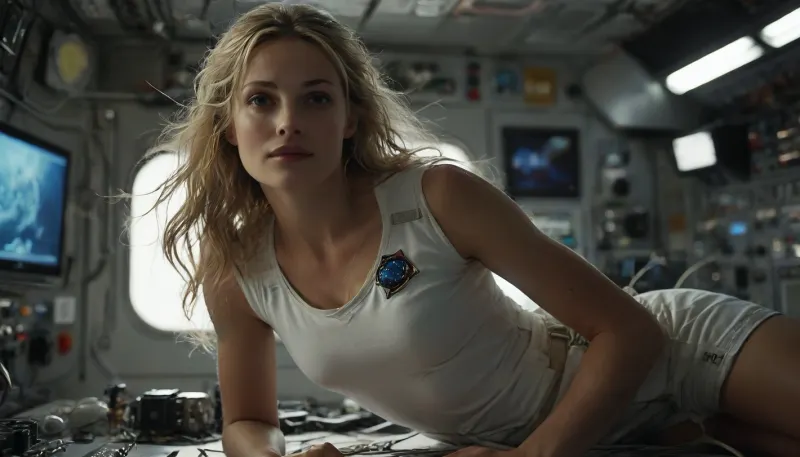 full body view of Diana in weightlessness, Diana is a female 29 years old Astronaut works on ISS space station, Diana has a perfect face, silent smile, concentrated, a slender and athletic body, blonde long hair, Blue eyes, small breasts, (flat-chested:1.2), (Diana wears a tight white shirt with astronaut badge, belly-free and a white string thong1.4), (cameltoe:1), (Dianas body floats weightlessly horizontal in supine position one meter above the ground:1.5), (((levitation:1.5))), (((Dianas works in control room:1.6))), ((floating in zero gravity:1.4)), (((weightlessness:1.4))), highly detailed futuristic huge control room on spaceship, control desk, buttons, Lever, air lock LED lamps, low light, different screens, futuristic technic, (supernova in space outside rounded window:1.3), cinematic, photorealistic, (masterpiece, detailed), Professional photo, hyper-realistic, ultra-high quality, insanely detailed. high resolution, masterpiece, best quality, UHD 8K, extreme realism, maximum detail, hyper realistic, ultra realistic, FRESHIDEAS, Real, Photography, 2#, Black, and, white, art, black, shading, charcoal, toned, b/w, color, scheme, <lora:levitate-PNY-SDXL-SD15-Panache:.8>, <lora:MJ52:.8>, <lora:FRESHIDEAS Real Photography 2#:.6>, <lora:Black and white art.V1:.2>