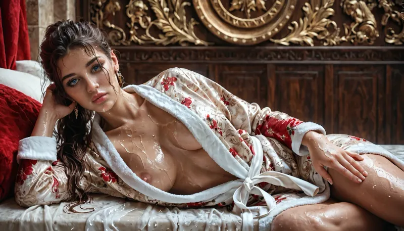 beautiful 24 years old American-Italian brunette, very pretty and elegant, lying sleeping in open bathrobe, legs spread, arms at sides of body, detailed beige skin tone, round B size tits, alone, earrings, front view, facing forward, round lips painted intense red, athletic body with sexy legs, round blue eyes, ponytail High detailed horse Hairstyle, Roman nose, closed mouth, wet body, wet hair, perfect fingers and hands, detailed background, <lora:580159_training_data:1>