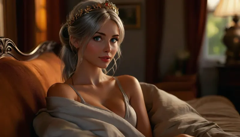 score_9, score_8_up, score_7_up, 8k uhd, hyper realistic, (Greek goddess), queen, looks like Helen Parr from the incredibles, 29 years old, (perfect body), (long silver hair), ash gray hair, (detailed eyes with blue iris), round breasts, hard nipples, flowing clothes, fully dressed, pussy visible, masturbating with big dildo, high ponytail, fancy hairstyle, (laurel crown), (perfect beautiful face), slight smile, lounging on daybed, one leg lifted, sunlight coming from behind, oculus, (skylight), backlit, high contrast, (dramatic lighting), outdoors, portrait, close up, <lora:attractive_notrigger:.9>, <lora:Midjourney Image Enhancer XL v1:.5>, <lora:MJ52:.5>, <lora:sunnyrayyxo_v1_SDXLBase:.8>