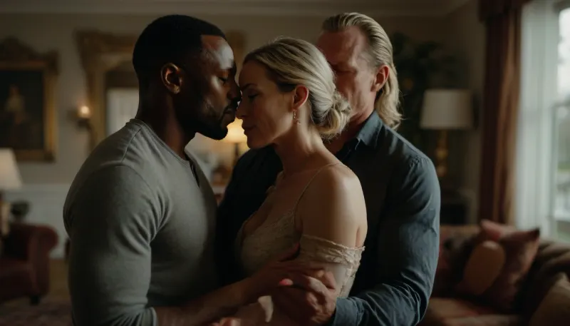 romantic ambient light, (a white-skinned husband hands his sexually aroused hot mature wife to an muscular elegant African man for hot sex), husband shares his wife to please her, Christmas time, husband stands in the background, 50-year-old mature hot thin blonde wife kissing her African lover, happy wife pushes husband softly away, perfect face, perfect hands, elegant living room of a mansion, various emotions, various facial expressions, various perspectives, active movements, 8k, photorealistic, FRESHIDEAS, Real, Photography, 2#, <lora:FRESHIDEAS Real Photography 2#:.5>, <lora:add-detail-xl:.6>, <lora:MJ52:.4>