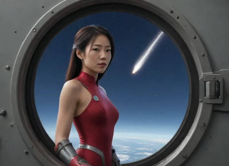 (masterpiece), (best quality), (photorealism:1.2), (ultra-detailing), (high resolution), (volumetric lighting), (intricate detail), full frame, (cyborg asian woman:1.6), standing in an observatory near a spaceship porthole and, (look at a flying comet:1.7), (flying comet in space seen through a porthole:1.7), natural realistic lighting