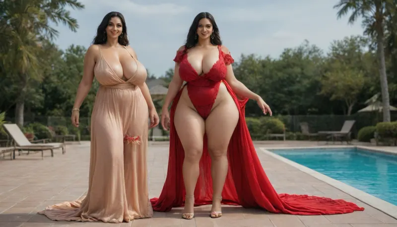 two 40 year old woman, two woman, very tall woman, large waist area, (two big large thigh curvy woman:1.7), very healthy tits, (big saggy breasts:1.5), wide hips, round buttocks, (smiling:1.3), chubby, (Layers for Straight black Hair:1.4), full lips, full length, (They are wearing sexy indian dresses:1.8), sexy, (sexy large cleavage area:1.6), laugh out loud, Casual, (red lace panties:1.4), not nude, not naked, (bridal garter:1.4), Walking on the poolside, Casual poolside walk, Strolling along the poolside, poolside walk, Their face is looking at the viewer, eyes looking at the viewer