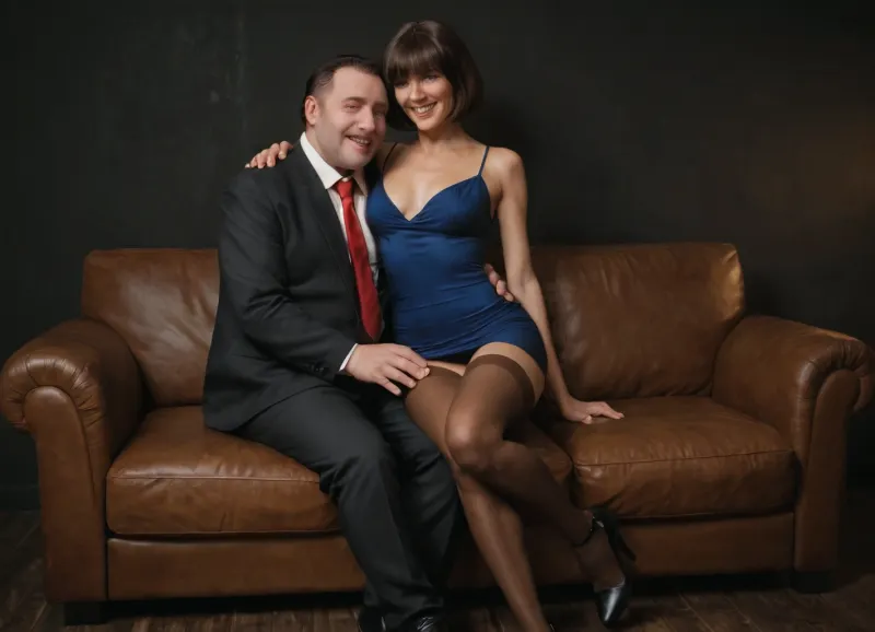 (ultra realistic, ultra detailed, best quality, realistic style, soft shadows, soft light, cinematic), (black room, brown leather sofa), man and woman on sofa, man hugs a woman, man grabs a woman, skinny 40 yo old russian brunette mature wife, (dark medium-length bob hair with bangs), (thin narrow triangular face, narrow long nose, feint small amount of freckles across nose, thin narrow lips, dark grey eyes, caucasian face type, no makeup), (short petite skinny body, (skinny:1.3)), short skinny legs, wide thigh gap, skinny flat ass, skinny hips, slightly tanned skin, no tattoos, short tight dark blue dress, (brown stockings:1.3), black high-heeled shoes, face expressions, laughing, (realistic faces:1.3), (perfect face:1.3), (perfect eyes:1.3), perfect hands, realistic detailed eyes, (realistic mature skin texture:1.3), (fat man, 50 years old wearing in black suit, blue shirt, red tie, shaved face, short dark hair)