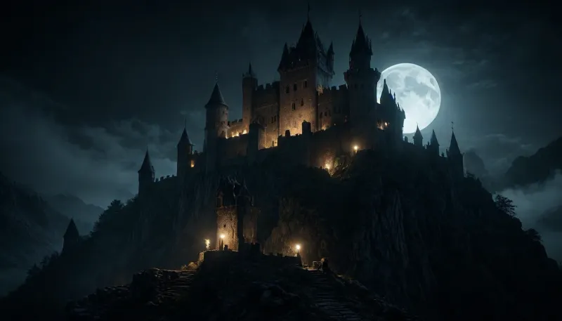 A eerie and creepy medieval castle sits atop the mountain. It exudes a sinister appearance. moonlight shines upon its medieval walls. There is fog in the air and a unsettling silence in the air. Every brick is visible, <lora:dark:.8>, <lora:Vivid Midjourney mimic - XL SDXL v2.0:1.5>