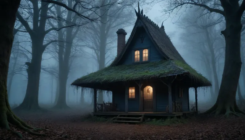 witch hut in dense forest, secluded, dark gothic, overgrown, glooming blue light, eerie atmosphere, nightmare, bats hanging from trees, creepy, scary, intricate detail, best quality, uhd 8k, masterpiece, award winning photo