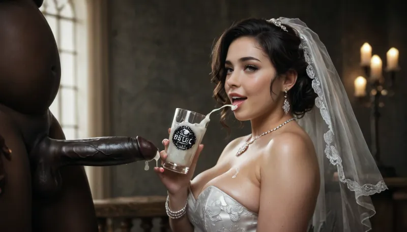 interracial, very large black penis, The happy chubby Persian bride in sexy wedding dress, cum driping bride's chain' cum driping from black penis, drinking sperm from transparent cup, there is glossy and sticky sperm in cup, cup full of sperm, cum swallowing, ((gokkun)), cum dripping from the corners of her lips, ((text on The cup, "BBC Cum")), logo, text, sign, that, says, the, word, <lora:671410_training_data:.8>, <lora:dark:.5>, <lora:texta:1>, <lora:677862_training_data:.8>