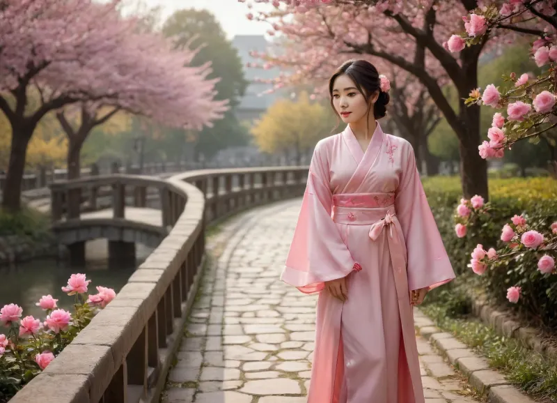(masterpiece), (best quality), (extremely detailed CG unity 8k wallpaper), (photorealistic:1.4), (realistic:1.4), beautiful young asian woman, delicate features, medium shot, full body, walking pose, elegant Chinese hanfu, traditional pink flowing hanfu with floral embroidery, white pants, serene garden, winding stone path, blooming cherry blossom trees, pink petals, lush rose bushes, (pink roses, yellow roses, red roses), on both sides, bridge in background, soft natural light, warm atmosphere, tranquil, peaceful, studio lighting, highly intricate, sharp focus, volumetric lighting, light rays, depth of field