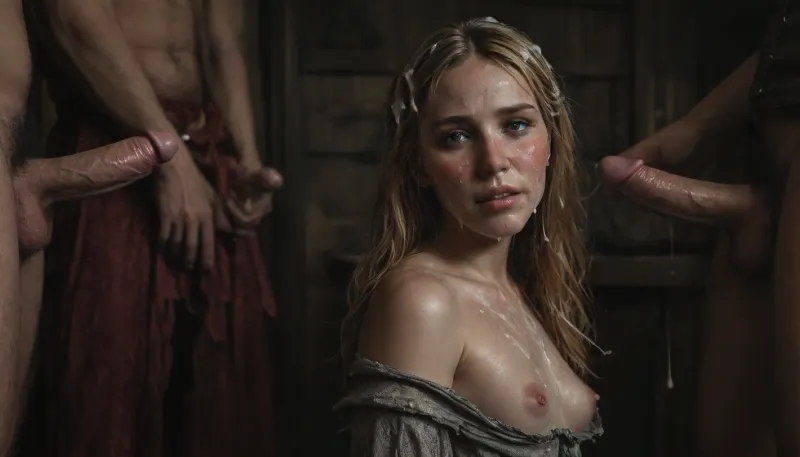((gangbang porn scene)), ((anal sex:1.7)), ((facial)), ((wide shot:2)), ((side view:1.6)), medieval theme, tavern, drinking, debauchery, ((hairy mature natural tall slender curvy woman)), ((small breasts)), ((no makeup)), ((blushed face)), ((blonde hair)), ((very much cum on face:1.7)), ((cum dripping from chin)), (white sticky cum), (lewd horny joyful expression:1.3), ((looking at viewer inviting)), (eyes wide open), smut, filth, (medieval dress ripped and torn:1.3), breasts exposed, ((cum on breasts dripping from nipples)), ((cum on dress)), ((cum on back dripping down:1.3)), (cum in hair:1.4), stretchmarks, pimples, wet hair, wet body, shiny skin, sweaty, <lora:dark:.1>