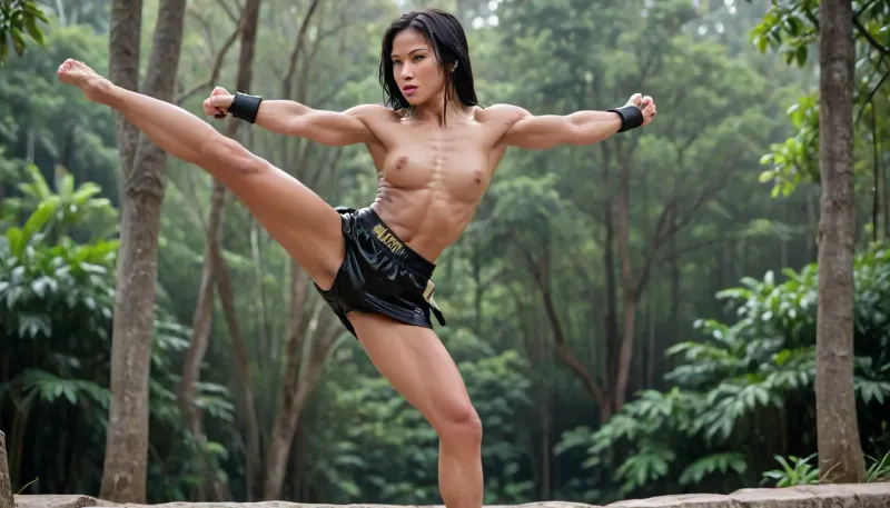 thai girl, big breasts, muay thai fighter, (oiled skin:1.3), long black hair, muay thai outfit, big wide boxingshorts, Barefoot, outdoor, thailand jungle, side view, fight, stance, drunken, fist, high, kick, split, jusiki, side, view, doing, a, jump, sidekick, 4ng3l, face, uberfit, muscular, athletic, <lora:drunken-fist03:.1>, <lora:JumpedSideKick.0.9:2>, <lora:SDXL_BetterFaces-LoRA_v1:2>, <lora:uberfit_lora_sdxl:1.2>