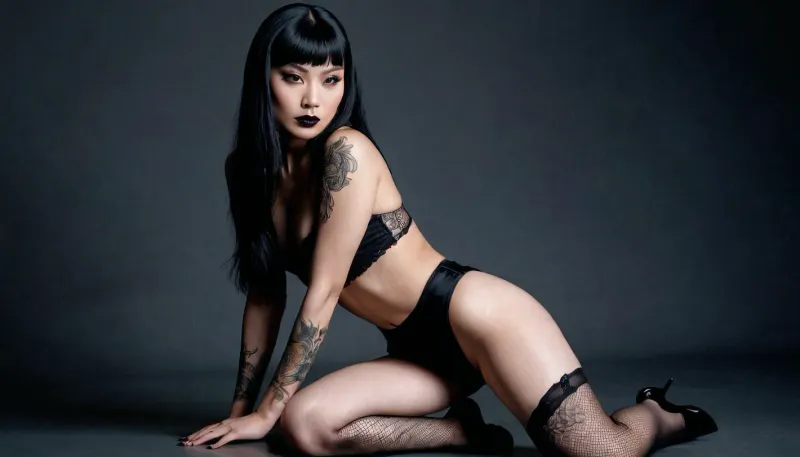 Actress Hana Mae Lee sensual figure, smooth glowing skin, brown eyes, blank semi-long hair, kneeling on a soft surface. Her back is slightly arched, hands resting on her thighs, a tattoo small at her left leg, a goth style makeup, black lipstick, black painted eyes, head tilted gently to the side with an alluring expression. Shot in a minimalist studio with dramatic lighting that creates subtle shadows across her body, ultra-detailed photorealism, perfect anatomy, lifelike detail, cinematic photography, 8K HDR..
