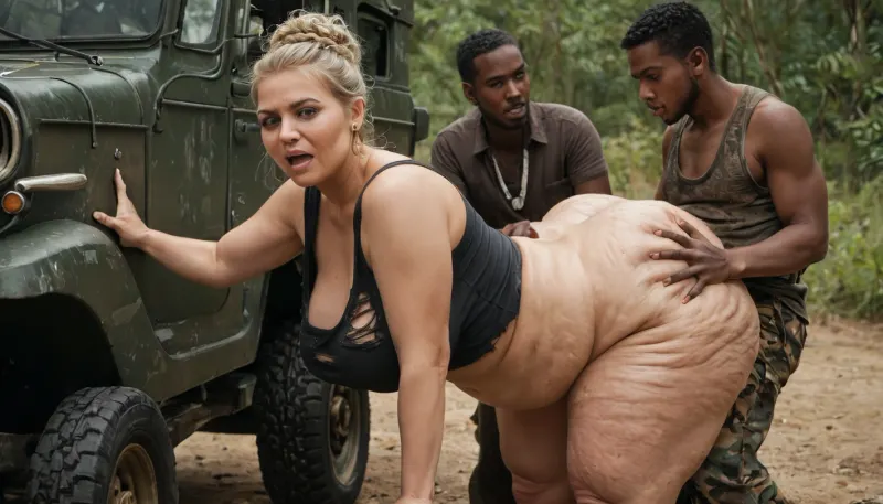 a beautiful, white, extreme fat, obese, (little bit cellulite), fattened 40 years old, ssbbw milf, (wears only a torn top), with a fat, double chin face and long blonde hair is hard and deep groped in her fat belly from behind by two young, angry, horny, skinny black african native boys, on a safari jeep in the african savannah
side view
close up
show only black boys !!!