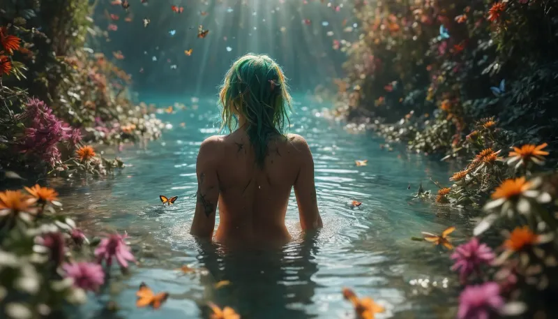 (full body backside view:2), Morning mood in an underwater garden full of flowering cannabis plants. Large, phallic blossoms. The sun slowly breaks through the turquoise water. A naked, green-haired, skinny, hot, self-confident stunning woman, (is surrounded by a extraordinary large swarm of hundreds of beautiful and colorful realistic butterflies:1.7), Her entire body is covered in floral green tattoos, (glowing green tattoos:1.3), a perfect face, perfect green eyes, a quiet smile, rich green hair, (strong morning backlight), sunlight_str1, cloudy, smoke, atmospheric, clouds, underwater, grotto, cave, sandy, sea, floor, reef, <lora:sunlight_str1-SDXL_v1-dim64-steps1691:.7>, <lora:Cloudy_Style:.4>, <lora:MJ52:.6>, <lora:Underwater_Environment_v01-000002:1.1>, FRESHIDEAS, Real, Photography, 2#, <lora:FRESHIDEAS Real Photography 2#:.8>