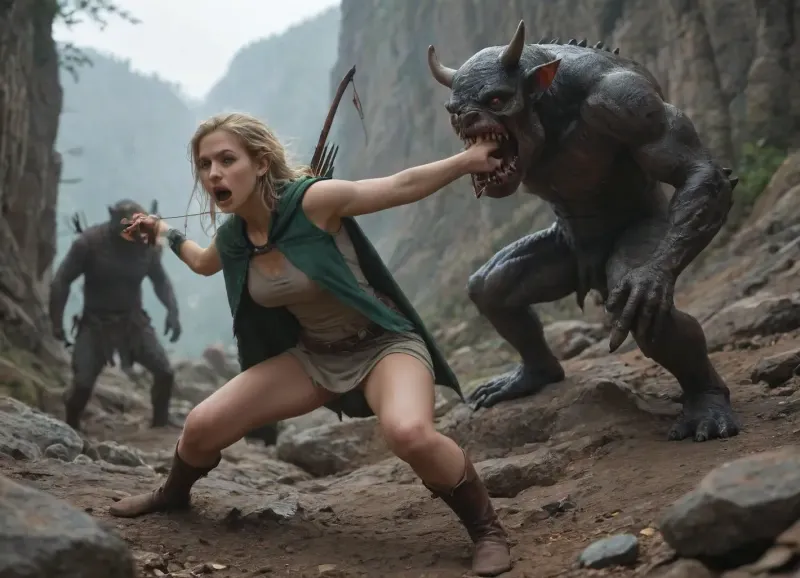 female elf with blonde hair wearing green hooded cloak, action pose, determined look, bow and arrow, archer, standing on a rock above monsters, black devil monsters, monster climbing up towards woman, monsters with crazy tongues and horns