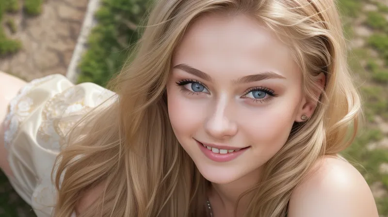 award-winning photo of a young russian woman in high resolution, view from the top, 18 years old, slim, petite, with brown blond hair, smiling face, smile, (top), very detailed eyes