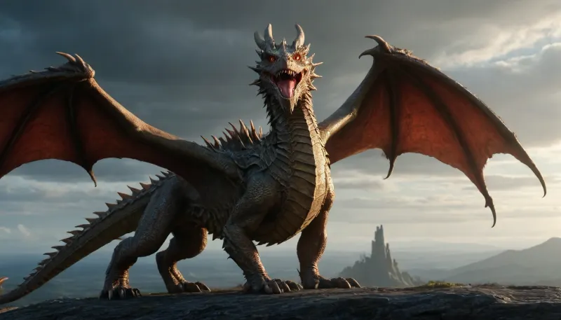 (ultra, HD, quality, details), (a dragon can be seen on the horizon:1.8), (torn golden knight's armor + helmet:1.2), (she holds in her hands sword + large shield:1.5), she defies the will to fight, stands there combatively, ((dragon is completely in the picture)), (she stands with her back to the viewer), (she looks at the dragon), medieval landscape, destroyed castle in the far background, ((wide angle lens)), unimpressed, Unfazed, dragon, <lora:Unfazed_dragon_-_XL SDXL:2>
