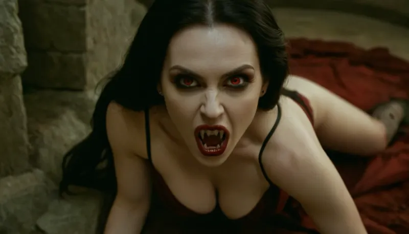 extreme close up on the face of a white woman with a demon face Vampire Fangs Teeth staring at camera, pale skin, slender, big tits, black hair, (shining red eyes), sexy tight black dress with cleavage, ((she is crouching over the neck of a corpse showing her impressive long fangs)), (she hisses at the viewer), in medieval castle, highly detailed, high budget, bokeh, cinemascope, moody, epic, gorgeous, film grain, grainy, ((<lora:vampire fangs teeth 2:1.5>))