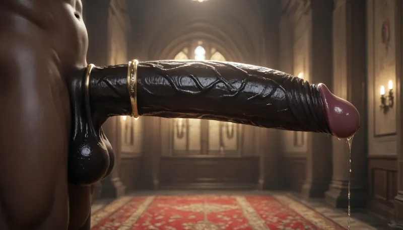 ((solo very-dark black male)), genital closeup, dark black cock in focus, (porn lighting, penis jewelry), (ultradetailed veiny texture), oiled, black skin, erect, penis curved upwards, arched tip, ((hyper gigantic black penis)), (side view), (bulbous veins), ((huge thick luxurious wide cock ring)), muscular dark thighs, ((giant wide massive black penis, dark, red details, sophisticated lair, demonic themes)), (luxurious lush lube oil over the penis, wet penis), hyper dark black dick, pentagram, domination, (girthy huge cock revealed, enormous fat black dick, phallic details, dark hung african, exquisite phallus, solo), darkx, (oily, dark skin, saggy balls, (balls fully visible), fantastical special phallus), (dark luxury, sexual anticipation), volume effect, nightly