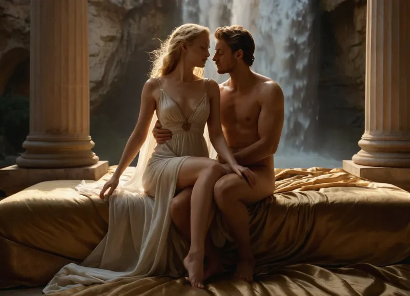 Renaissance painting, pale woman sat fucked, man behind fucking her, waterfall in the back, eyes open, silk transparency, touching her body, front view, silk bed, poor light, strong wind, beam of light drop above, dramatic, baroque style, golden hour, full body, bare feet, white columns