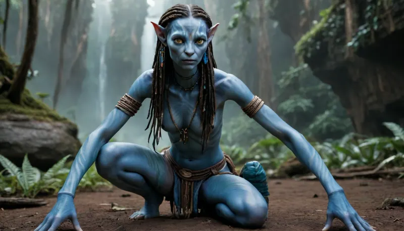 full body view, wide angle view, NSFW, The image shows a realistic rendering of Neytiri from James Cameron's "Avatar" franchise. Neytiri is the primary female character, a tall, slender Na'vi woman with blue skin, large, expressive eyes, and flowing, braided hair. crouching, She wears minimal clothing and jewelry, reflecting the indigenous and primal nature of her tribespeople, the Omaticaya.