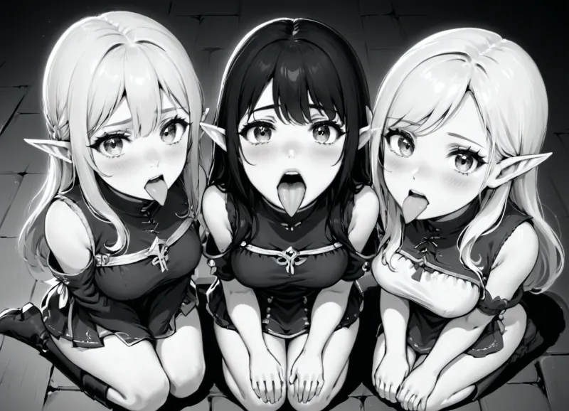 3girls, 18yo girl, elf soldiers, (((submissive expression))), mouth widely open, tongue all the way out, facing viewer, looking at viewer, ((on her knees)), hands on her lap, focus on mouth and tongue, extreme closeup on mouth, from above, (uvula), lineart, LineAniAF, <lora:LineAniRedmondV2-Lineart-LineAniAF:.5>