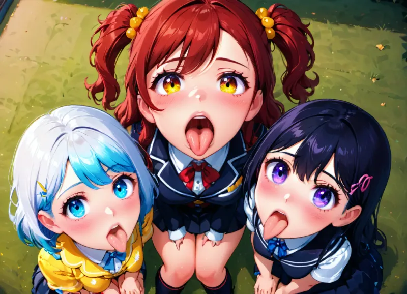 3girls, 28yo girl, cute rich schoolgirls, (((submissive expression))), on backstage, mouth extremely widely open, (mouth open showing uvula), tongue all the way out, facing viewer, looking at viewer, ((on her knees)), hands on her lap, focus on mouth and tongue, extreme closeup on mouth, from above, ((uvula)), lineart, LineAniAF, <lora:LineAniRedmondV2-Lineart-LineAniAF:.5>