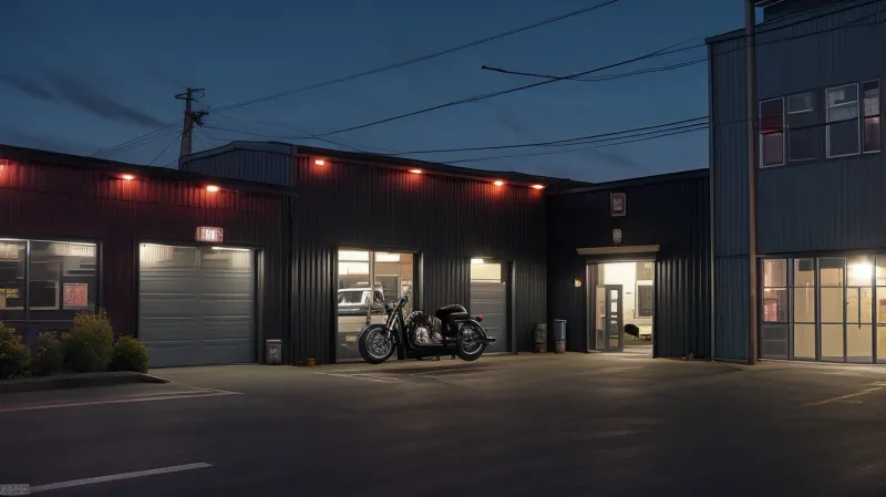 Tacoma docks at night. front view of a small 2 floor warehouse. security cams outside. through the door you can see an Office on the upper floor. in the ground floor a black range Rover, and an Harley Davidson., 3DMM, <lora:3DMM_V12:.5>