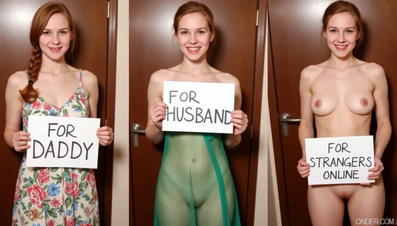 side-by-side three pictures of a young Scottish, slim, woman, with ginger hair, french braid, standing in front of an bathroom door at a restaurant. On the first picture on the left she wears a floral summerdress, and holds a handmade sign with text "FOR DADDY". On the second picture in the middle she wears a green transparent dress, green see-thru dress, and holds a handmade sign with text "FOR HUSBAND". On the third picture on the right she is completely naked, nude, and holds a handmade sign with text "FOR STRANGERS ONLINE".
