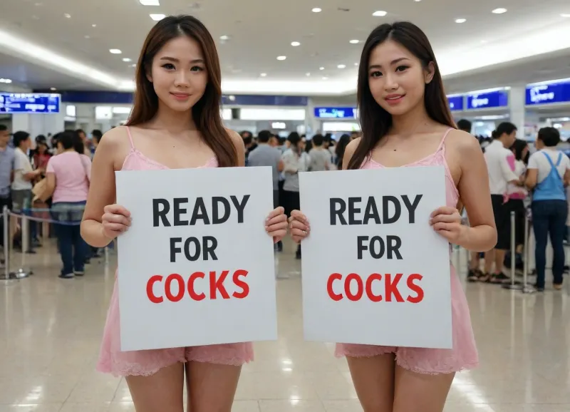 ((((two sexy thai girls, one holds a sign over with the text, "Ready for white cocks!", hairy pussy, logo, text, sign, that, says, TIGHT, PUSSY, <lora:texta:.5>)))), HDR photo, best quality, (no pants, t-shirt), standing at the airport arrival area. One holds a sign with the text, "Tight pussy for you!", Tight, Cunt, For, You, handwritten, TIGHT PUSSY FOR YOU, <lora:text_lora:.5>, <lora:ClothesHolesBoobs-08:.5>