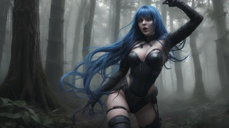 Create a detailed image of a strong female character, with bright blue hair, captured by thick black tentacles that bind her arms and legs, preventing any movement, wearing a partially torn tactical military outfit, with visible scratches on her skin, screaming in anger and frustration, her eyes burning with determination and fury, set in a dense forest with tall twisted trees, casting dark shadows over a clearing, with low-lying plants and scattered leaves on the ground, the atmosphere heavy with tension and a supernatural presence, emphasizing her helplessness yet maintaining her commanding aura, ensuring the composition highlights both her vulnerability and her unmatched strength.