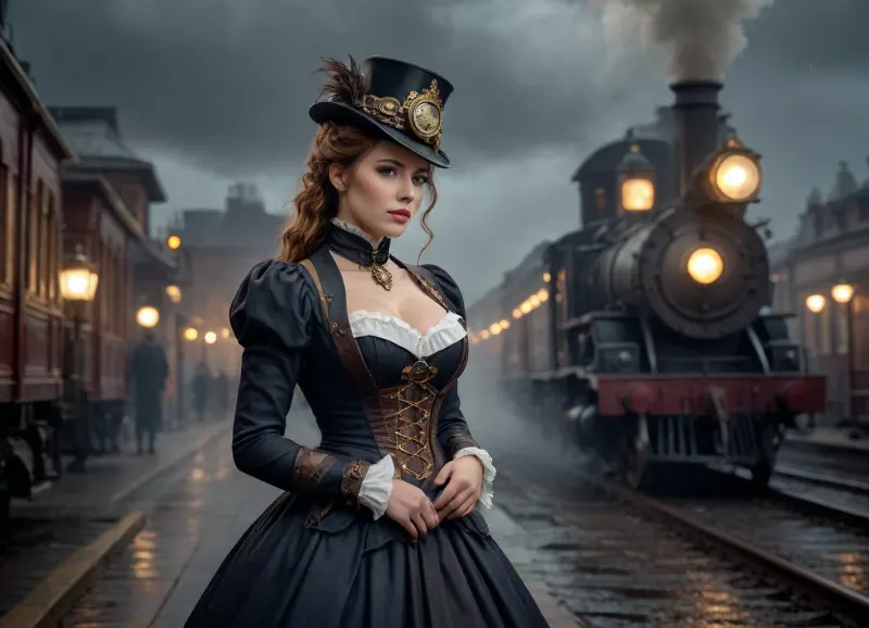 steampunk style railroad station, train arriving, steam locomotive first, late night, rainy windy whether, meet-and-greet girl with gigantic breasts, in victorian dress standing around