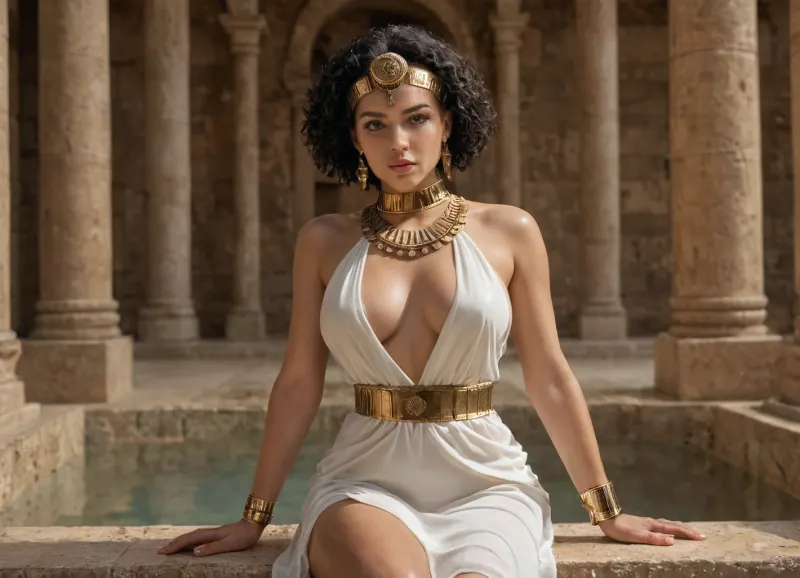 A stunning woman dressed in an ancient Egyptian-inspired outfit sits gracefully in front of a grand temple adorned with intricately carved hieroglyphic columns. She wears a revealing, flowing white dress made of delicate, slightly transparent fabric that drapes over her curvaceous body, accentuating her ample chest. The deep-cut design exposes much of her décolletage, while the high slits reveal her toned legs. Her sleek, jet-black bob hairstyle is adorned with a golden cobra headpiece, symbolizing royalty and power. A majestic blue and gold collar necklace rests on her shoulders, complemented by matching golden bracelets and thigh bands. Her gaze is alluring and confident, with a subtle, seductive expression. The warm sunlight casts a golden glow on her smooth skin, enhancing the rich textures of her outfit and the detailed carvings of the ancient setting. Ultra-detailed, highly realistic, cinematic lighting.