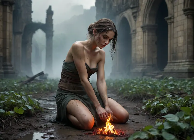 A gaunt, disheveled woman kneels in a firelit clearing, her back to the viewer, tattered clothing blending into the decay around her. She wears a faded crimson tunic, its neckline frayed and slipped off one shoulder, exposing sunken collarbones streaked with ash. A moth-eaten shawl clings to her frame, and dirt-caked linen wrappings cover her legs, with scuffed leather boots abandoned nearby. Her hands, raw and soot-smudged, feed dry twigs to a crackling fire, its amber glow flickering across her gauntness and casting long shadows over the ruins. A dented copper pot—its surface oxidized to a turquoise patina—hangs over the flames, filled with murky water from the corroded flask at her hip. Behind her, jagged stone ruins dominate, a collapsed cathedral wall strangled by ivy, its shattered rose window gaping like a skeletal eye, and a rusted bell dangling from a crumbling tower. Skeletal remains of a blacksmith’s forge and a collapsed well litter the field, overgrown with wild grass and thorned vines. Distant cathedrals pierce a leaden sky, their spires cloaked in kudzu, while thick mist blurs the line between earth and ashen horizon. Firelight dances across weathered stone, highlighting matted ivy tendrils and the woman’s exposed ribs beneath her tunic, her posture hunched but purposeful. Embers rise into the haze, mingling with ash particles and the faint glow of distant smoke. The scene is rendered in hyperrealistic 8K detail—cracked cobblestones, frayed fabric threads, and the fire’s reflection in a rainwater-filled pothole—all under cinematic HDR lighting that contrasts warm flames with cold, gray-green decay. Ray-traced mist diffuses the ruins into abstraction, while depth of field blurs the woman slightly, anchoring her as a small, transient figure in a landscape reclaiming itself. Lossless PNG preserves every texture, the grit on her skin, the rust on her knife’s sheath, and the spectral glow of a world unraveling.
