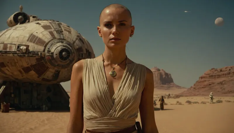 Star Wars Style, heroic portrait of a dignified Jedi Warrior in front of Millennium Falcon, solo, slender, slim waist, bald head, flat breasted, sweating, dirty face, perfect tanned skin, satisfied looking, lucky charm necklace, highly detailed costume, perfect face, desert, bright sunshine on sweaty skin, deep blue sky, clouds, spaceport, millennium falcon as ally in background, dust, smoke, stirred up sand, three moons at sky, 8k, high resolution, cinematic