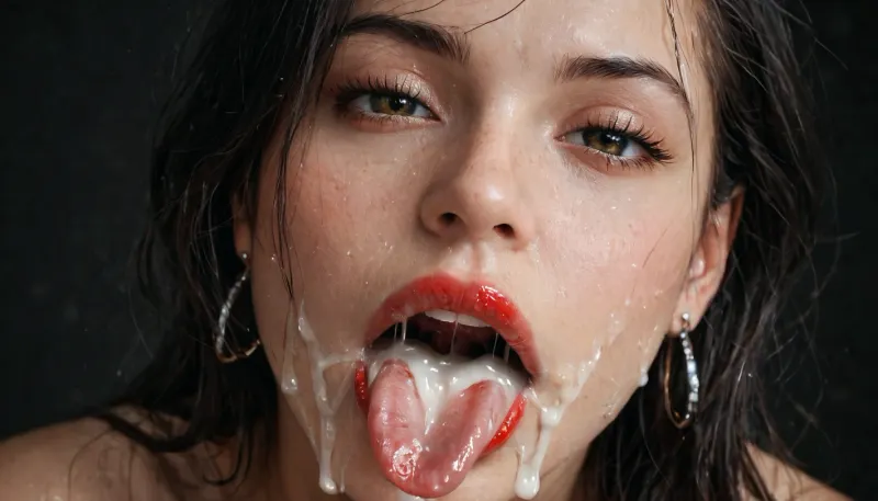 Extreme Nahaufnahme: nasse Lippen & cum-Dripping Zunge auf schwarzem Hintergrund