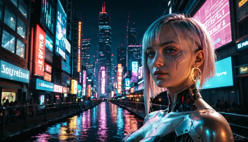 A photorealistic depiction of a sprawling Cyberpunk cityscape at night, filled with towering skyscrapers, neon lights, and holographic billboards. The architecture should be futuristic, with a mix of high-tech and grunge elements. In the foreground, include a Geisha robot that embodies the Cyberpunk aesthetic. She should have visible robotic features like mechanical joints and LED facial markings, yet maintain the elegance and grace associated with traditional Geishas. She should be dressed in a futuristic version of a Geisha's kimono, adorned with digital patterns or neon accents. The lighting should highlight the neon and metallic elements of the scene, casting dramatic shadows and reflections. The perspective should be such that both the Geisha robot and the cityscape are prominently featured, lucy, (cyberpunk\)