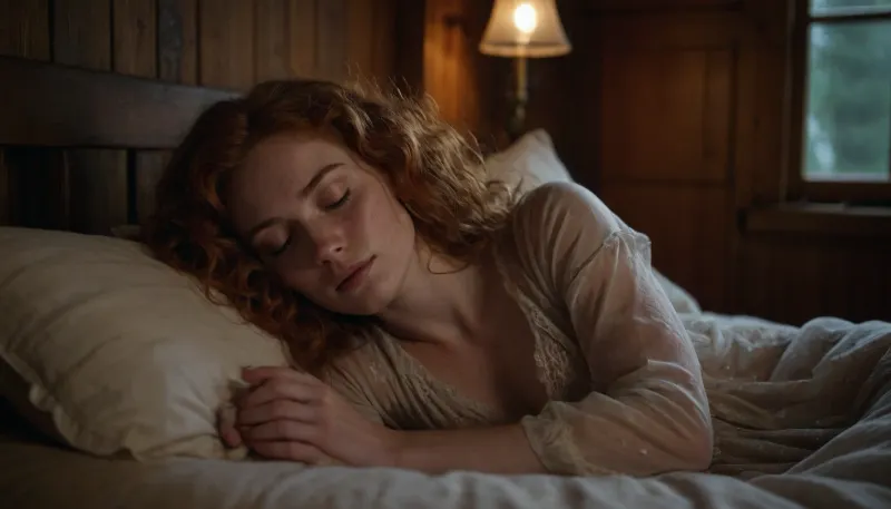 sleeping woman, 30 years old, busty, pale skin, ginger hair, long hair, curly hair, messy hair, freckles on whole body, asleep, intricate transparent nightgown, bed, wood cabin, dimly lit