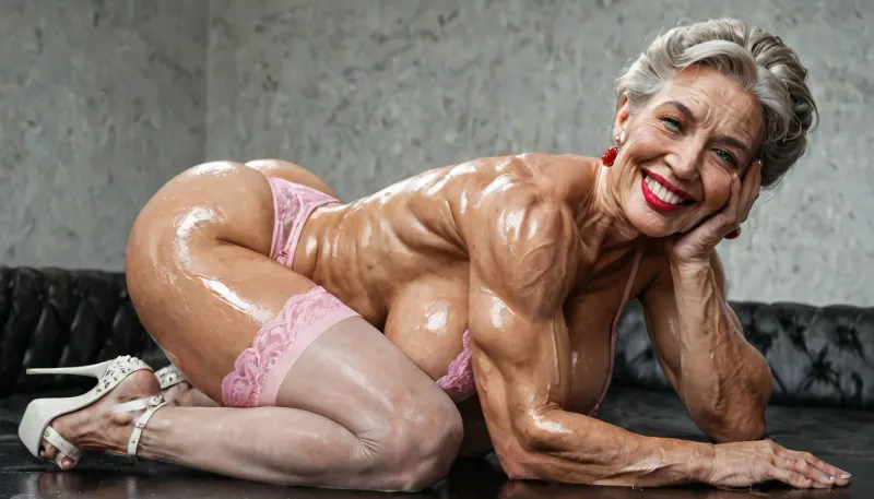 (solo), wearing high heels arcyl clear glass mules, very hard very defined muscles milf, sinful kinky smile gilf with much make up face, wrinkle face, maximum big boobs, black hair, clear acryl stiletto platform mules with big platform, lipstick, black and pink lingerie, hard muscle stiration, blonde Pompadour hair, skinny hard muscle body, very broad big mouth and lips, naked happy heavy strong muscle woman gilf, lies on her back milf, smokey eyes, very big hanging round massive boobs, fitnessmodel gilf, milf bodybuilding legs very muscle stiration, nude sexy feet, gilf wrinkle face, wearing a tight leggings, much make up, lies total on her back granny, big smokey eyes, wihte teeth, moans, (oiled skin), side view